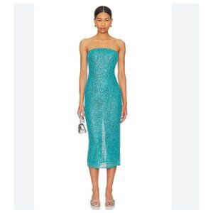 NBD Aine Dress Womens XS Blue Sequin Strapless Midi Bodycon Party Cocktail Eveni